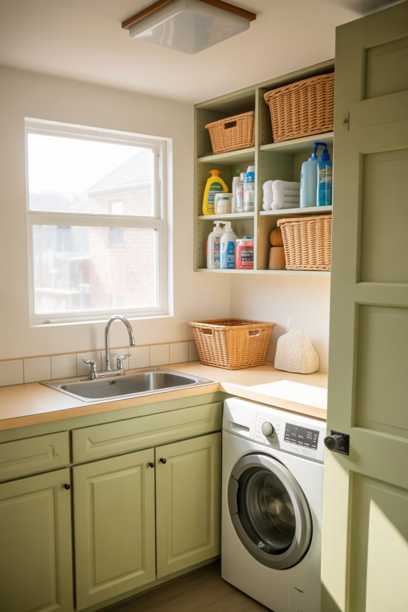 Laundry room cabinets with sink storage for cleaning and organization