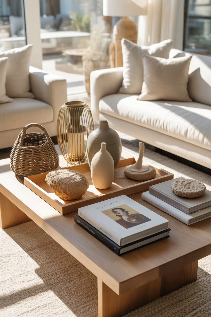 Coffee table with layered textures including woven baskets, ceramic vases, and books
