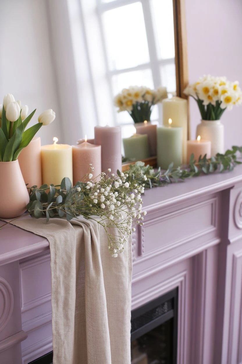 Fireplace mantel with fabric runner and spring decor