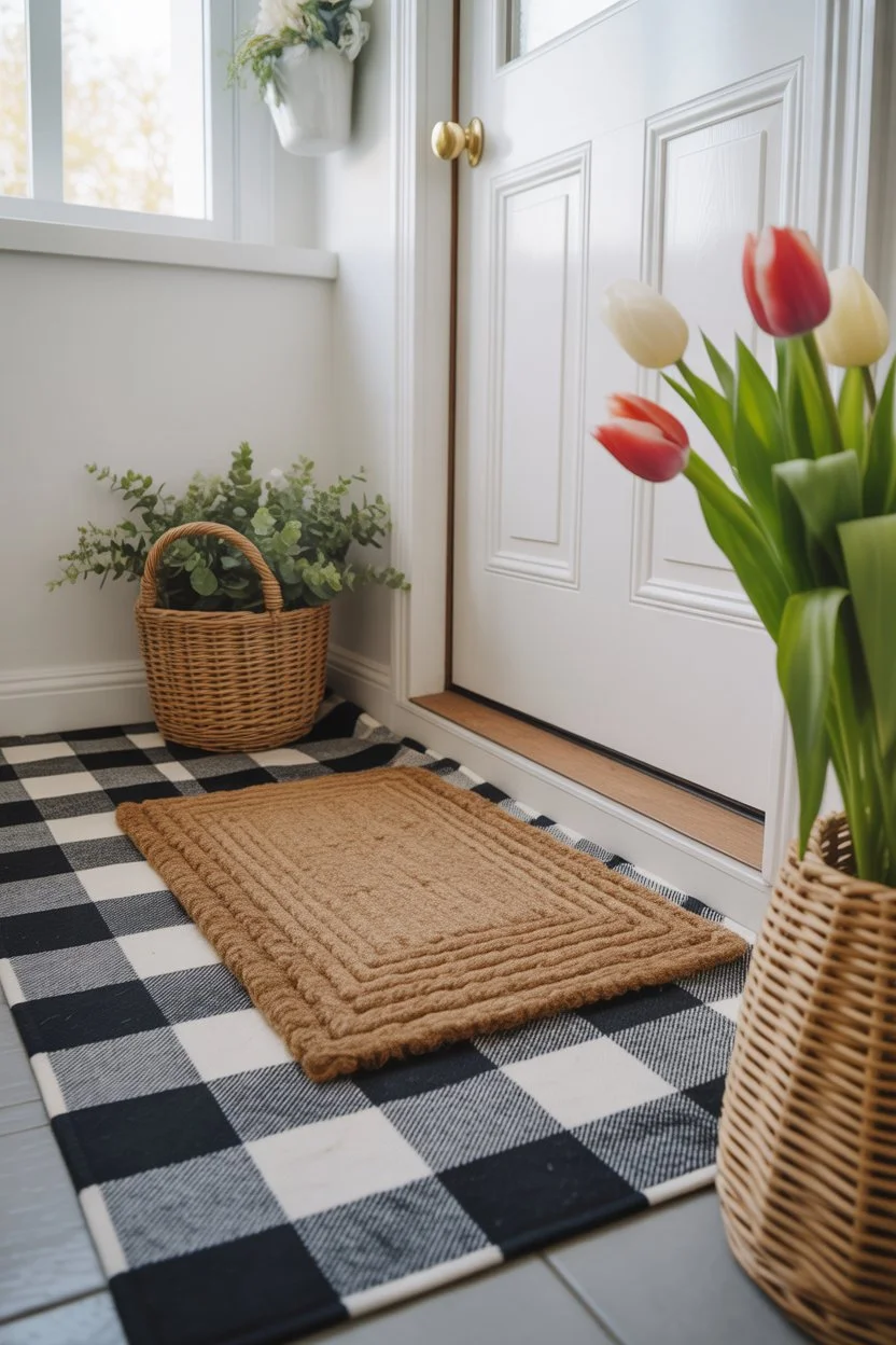Layered doormats on a small spring front porch