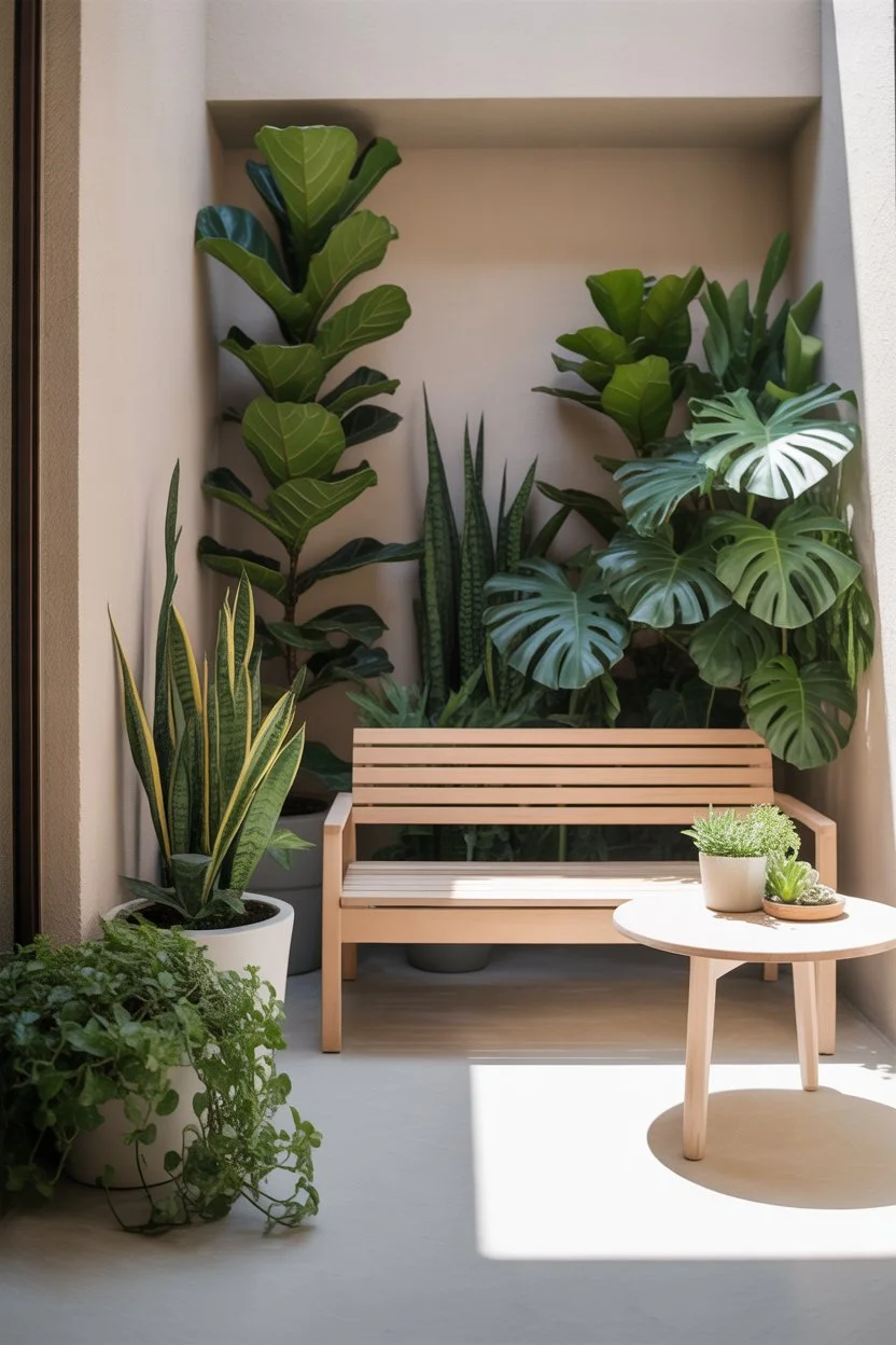 Layered potted plants on a small patio