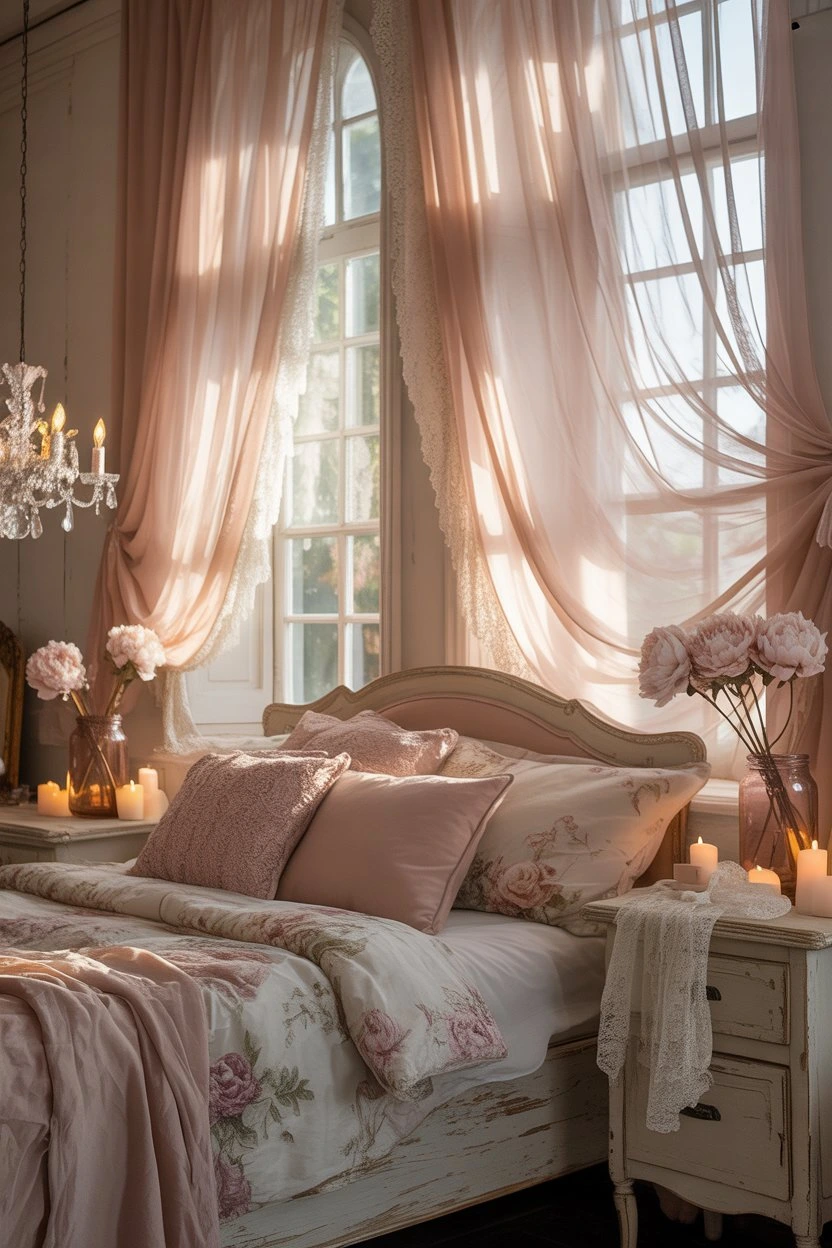 Shabby chic bedroom with layered curtains and pastel decor