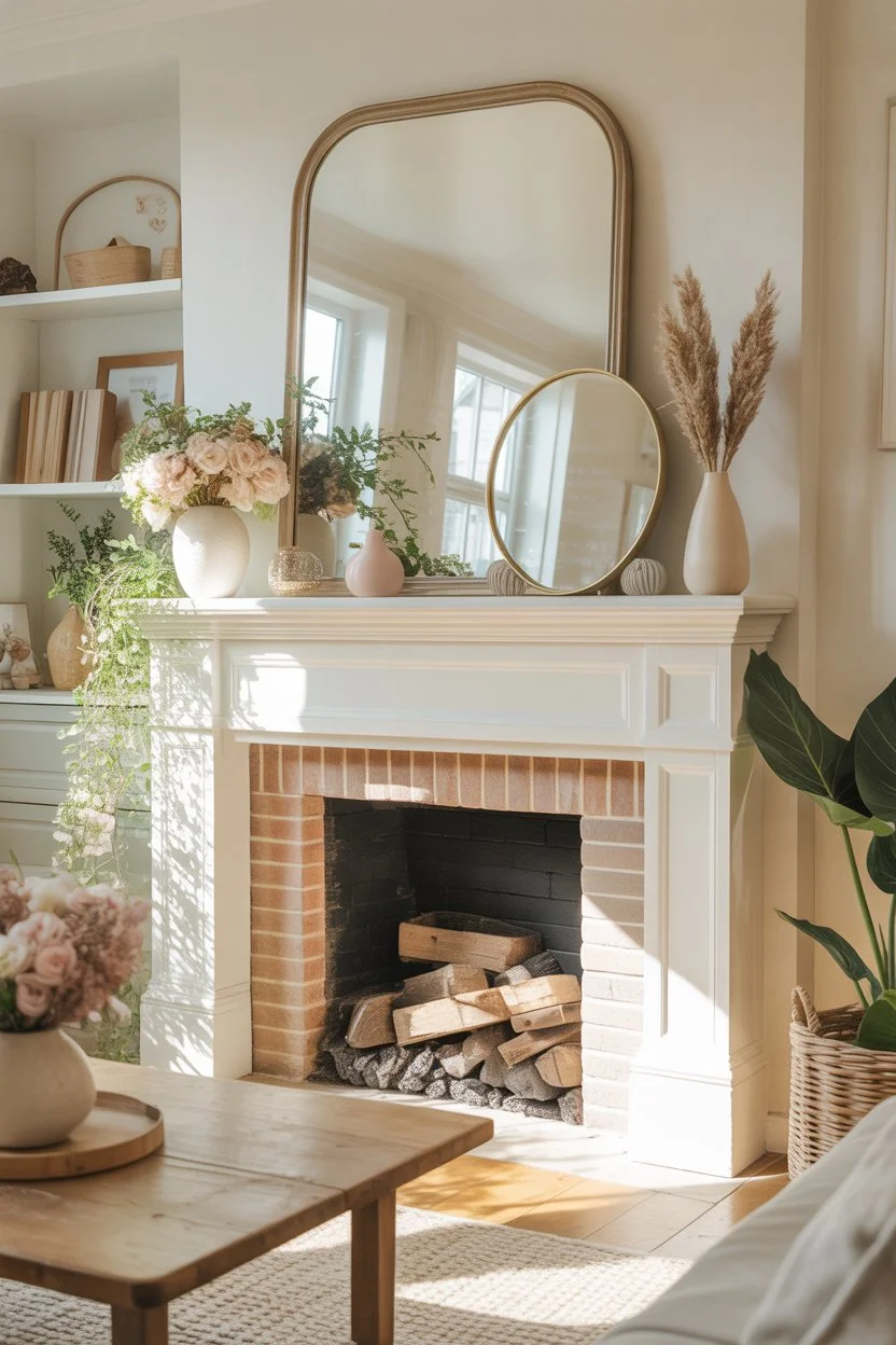 Layered mirrors on a spring mantel to create light, depth, and a fresh elegant fireplace look