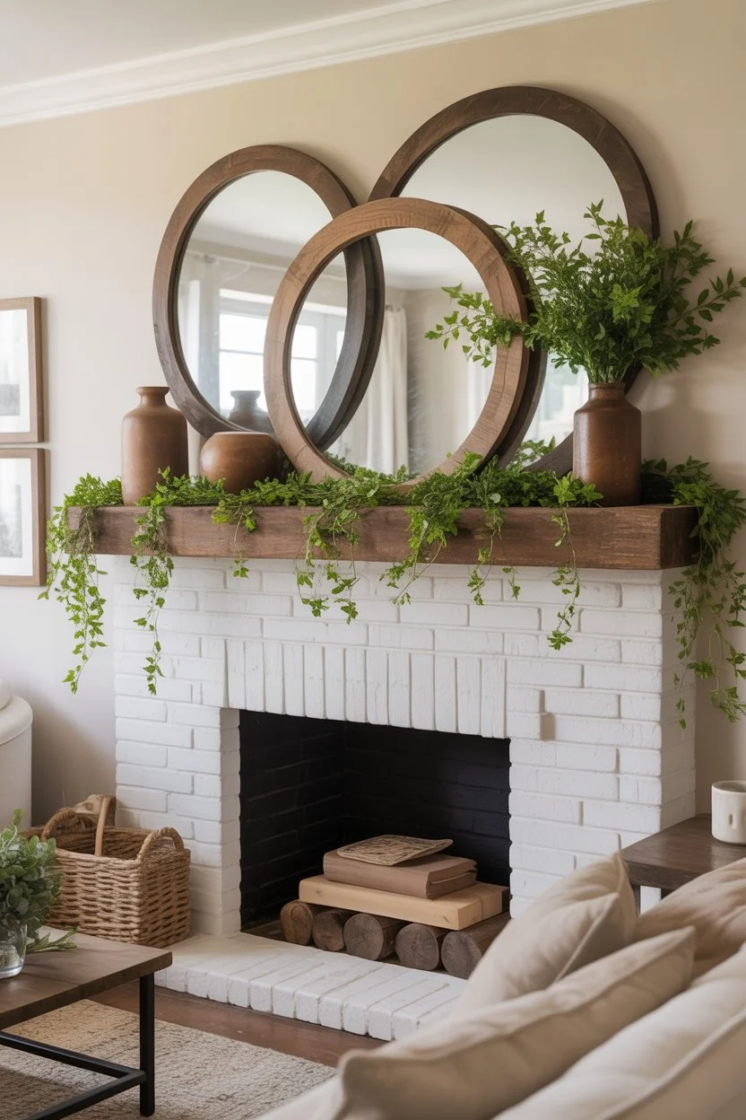 Layered wooden-framed mirrors on a farmhouse spring mantel with rustic accents for a cozy and inviting fireplace look.