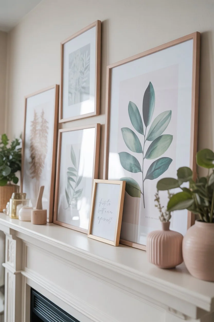 Layered spring artwork on the fireplace mantel with pastel frames and botanical prints for a fresh and elegant seasonal look.