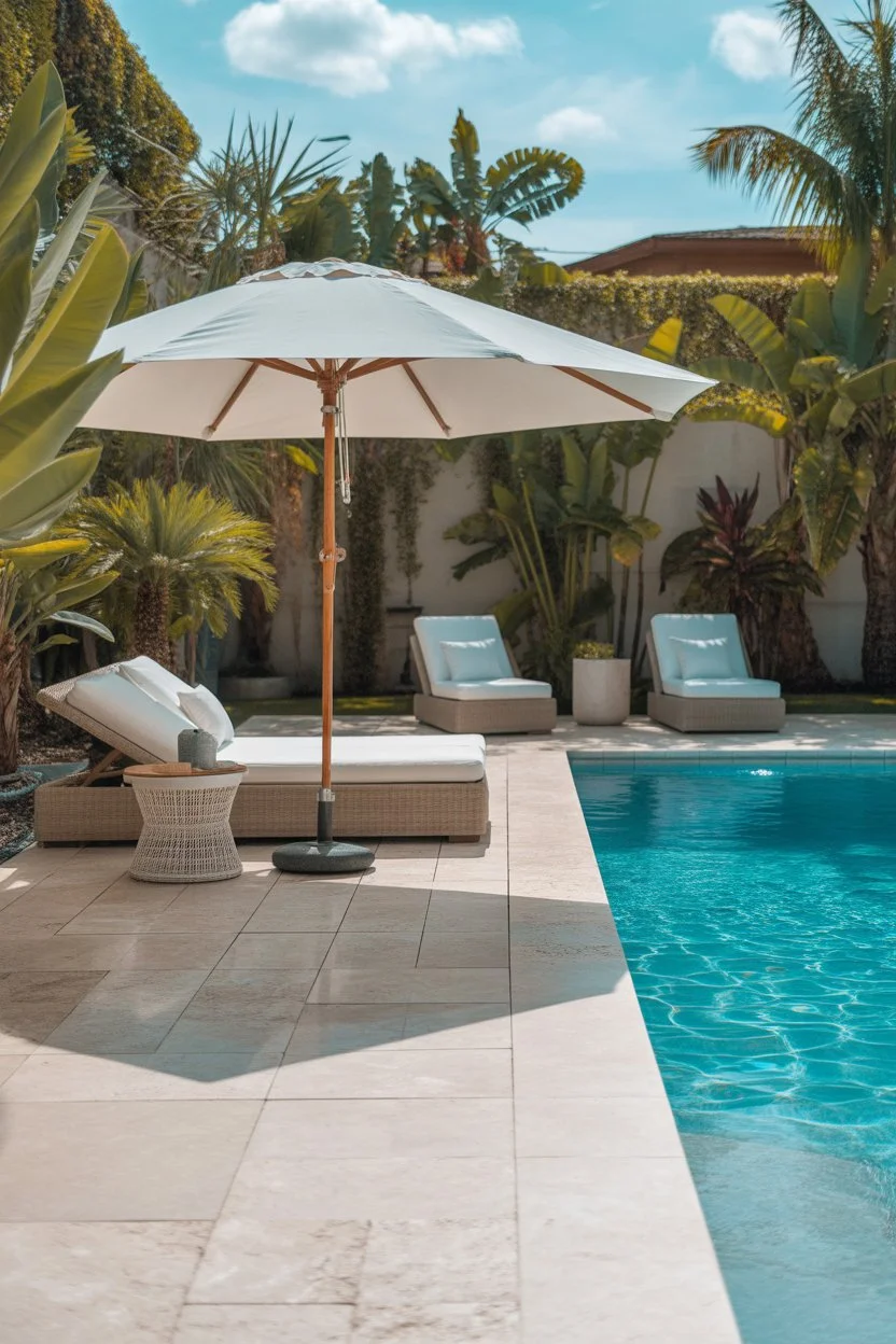 Light stone paver patio surrounding a backyard pool with white loungers