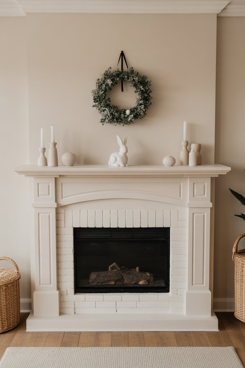 Minimal neutral Easter mantel decor with ceramic bunny and cream candles