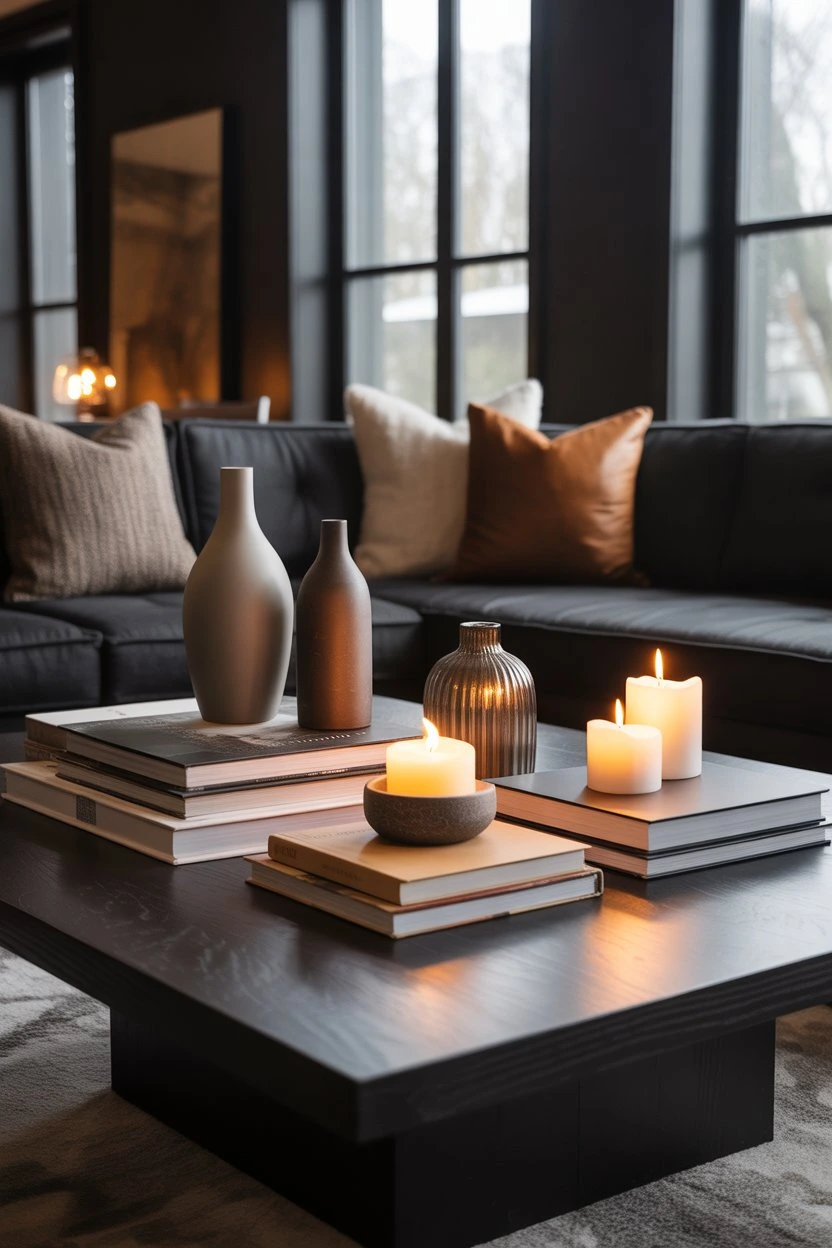 Coffee table with layered objects of varying heights