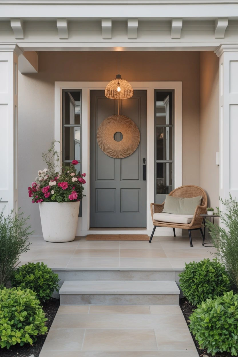 Minimal modern spring front porch with single large planter