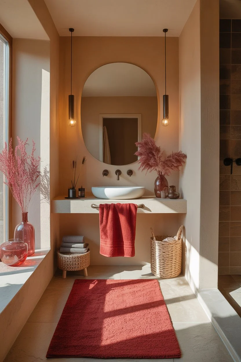 Beige bathroom with red accents and cozy, modern design
