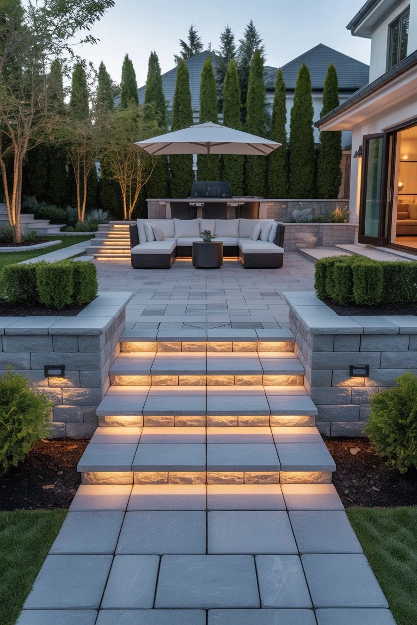 Multi-level paver patio with separate dining and lounge areas