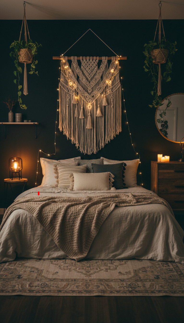 Black accent wall with large macramé in dark bohemian bedroom