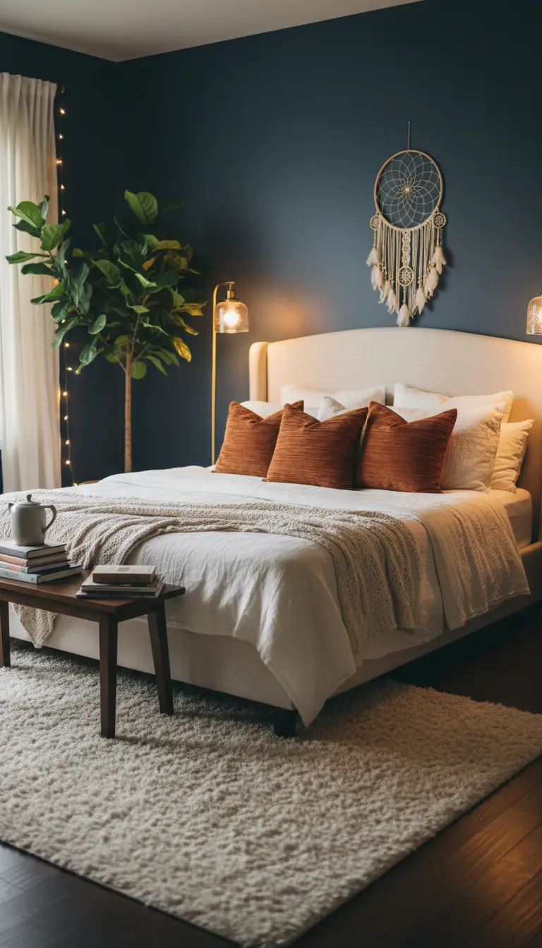 Navy blue bohemian bedroom with gold accents and layered bedding
