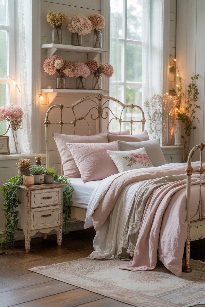 Shabby chic bedroom with potted plants and floral accents