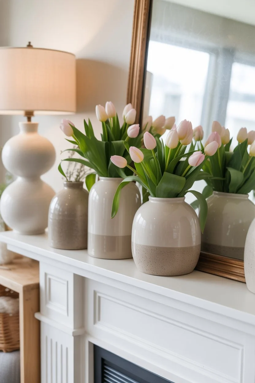 Neutral ceramic vases with tulips on a spring mantel for a fresh and elegant fireplace look.