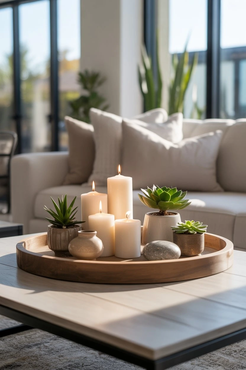 Coffee table with decorative tray holding candles and plants