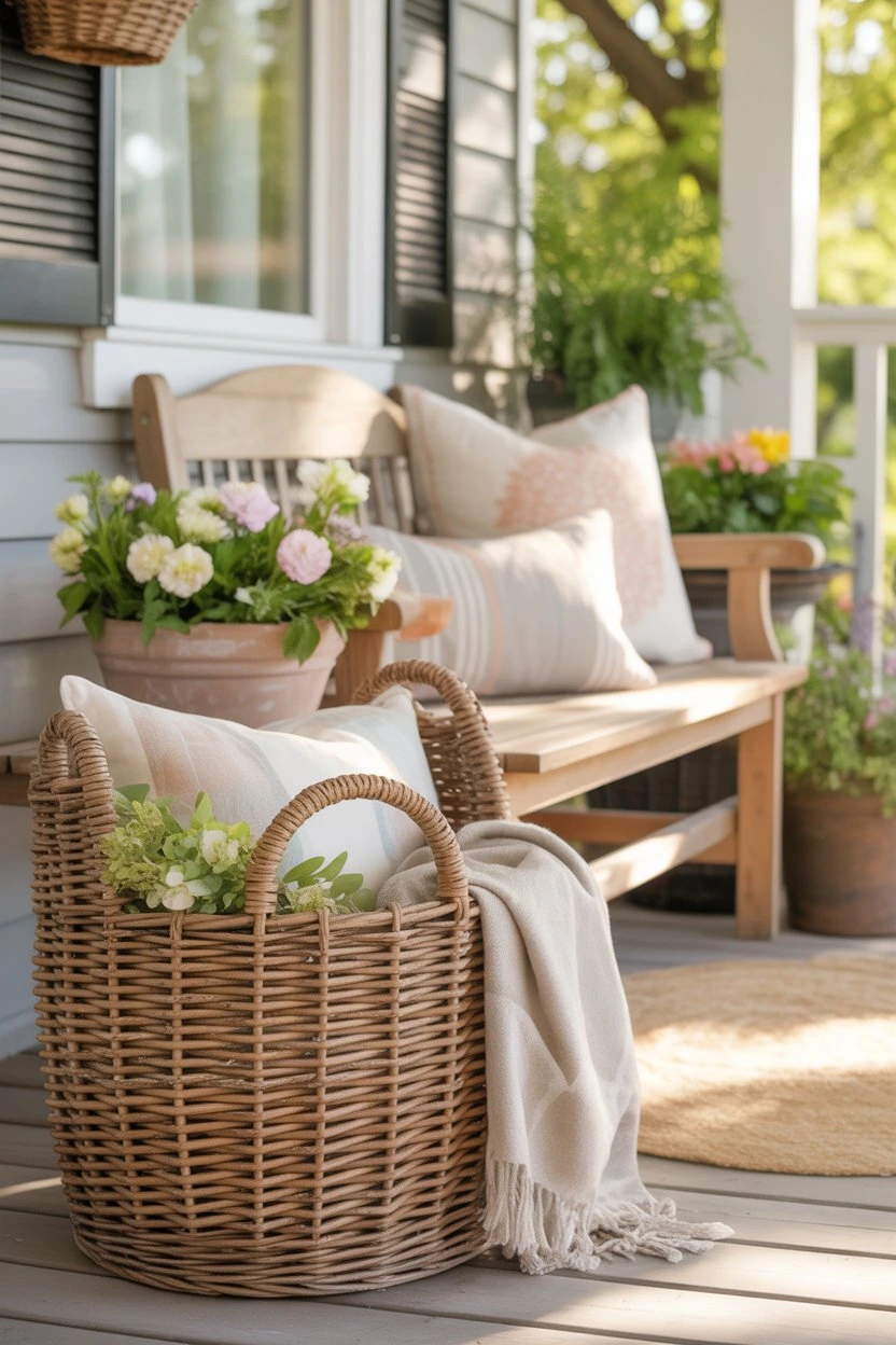 Rustic woven basket with blanket on spring porch