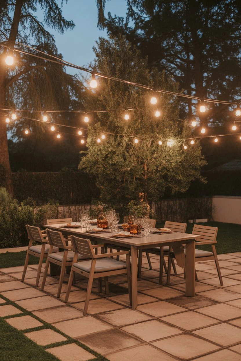 Outdoor dining area on stone paver patio with string lights