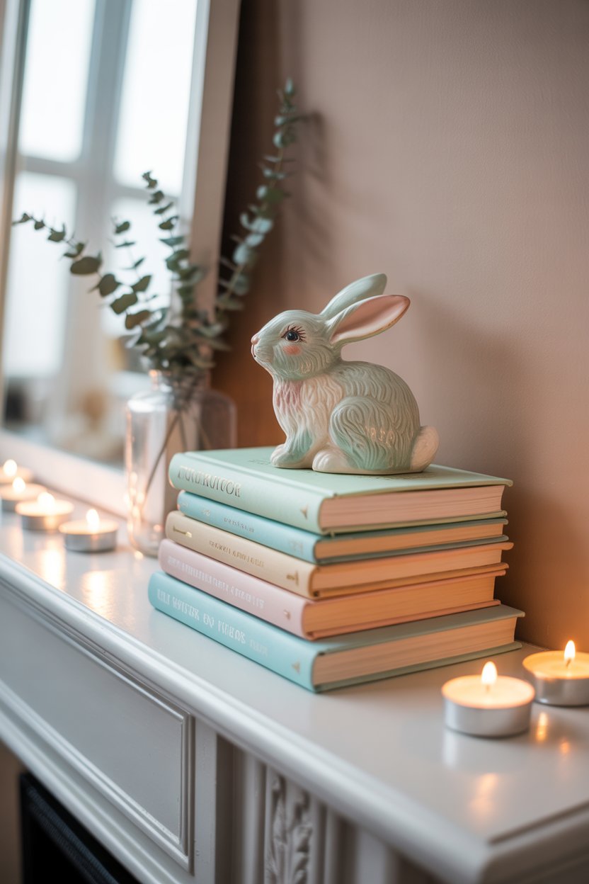 Spring book stack decor idea fora small Easter mantel