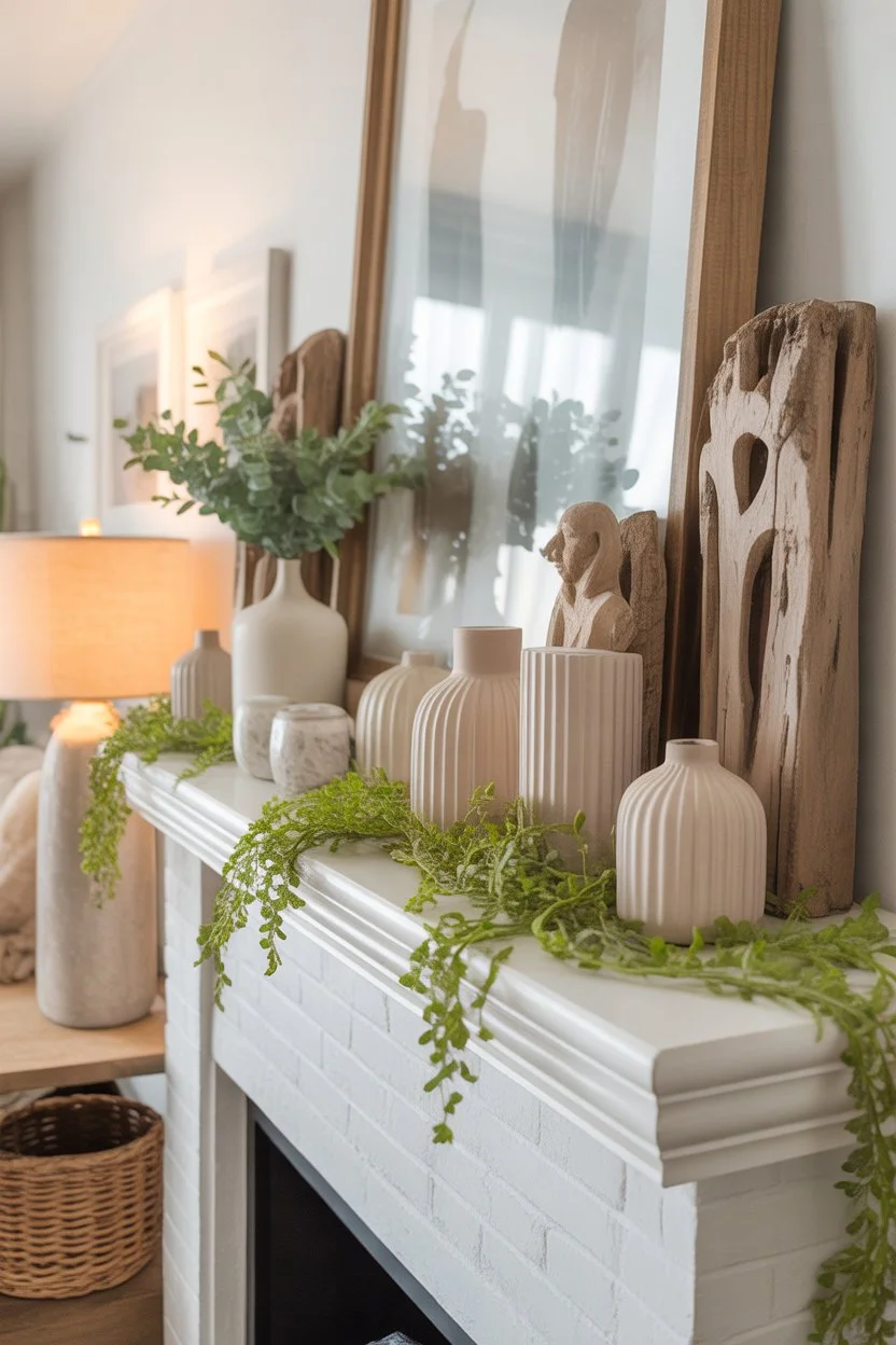 astel ceramic vases with seasonal blooms on a farmhouse spring mantel for a cozy and inviting fireplace look