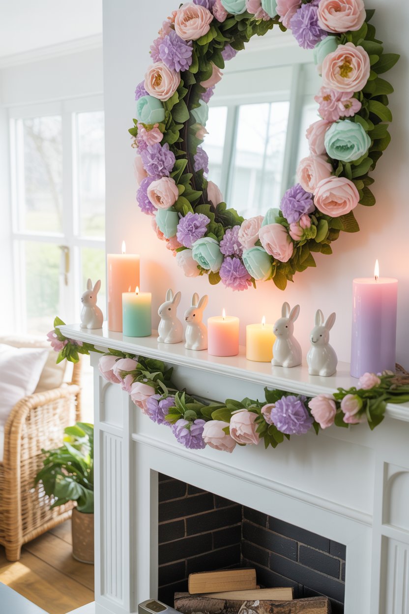 Pastel floral garland draped across Easter fireplace mantel with ceramic bunny decor