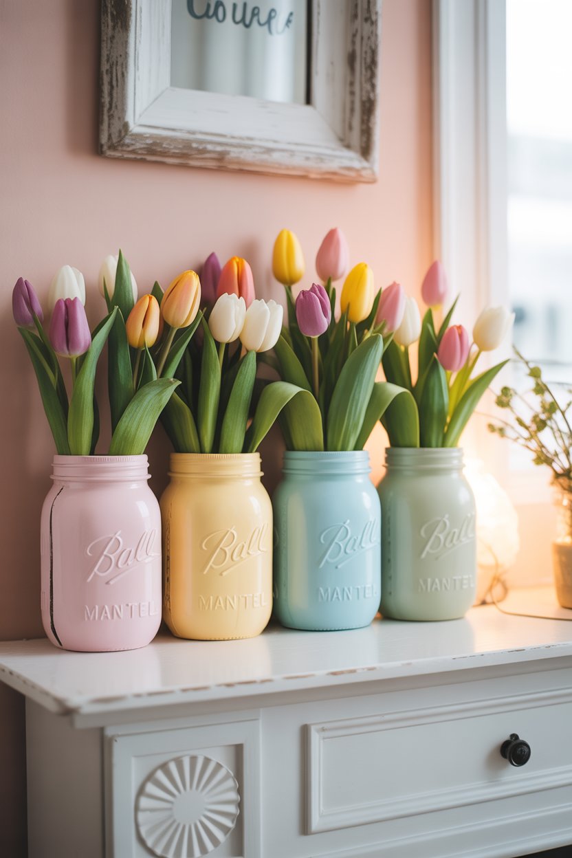 Mason jar flower display on a small Easter mantel with pastel decor