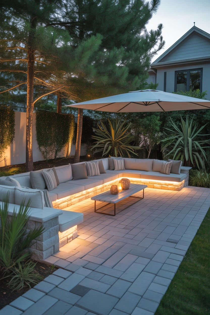 Paver patio with built-in stone seating and cozy cushions