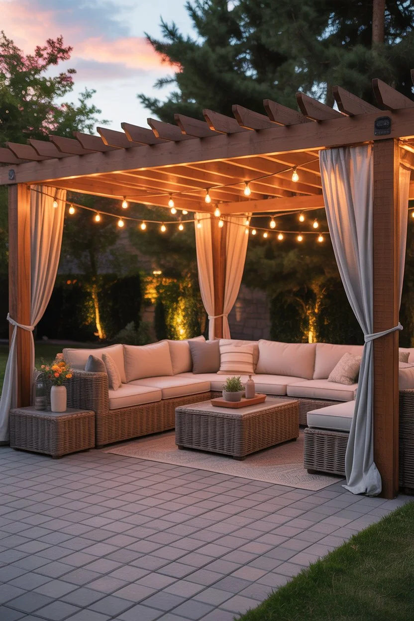 Paver patio with wooden pergola and cozy outdoor seating