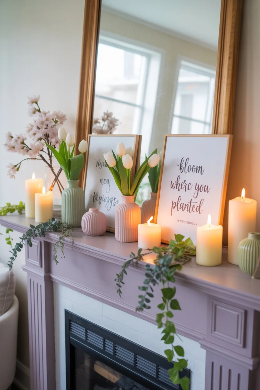 Fireplace mantel with spring quote cards