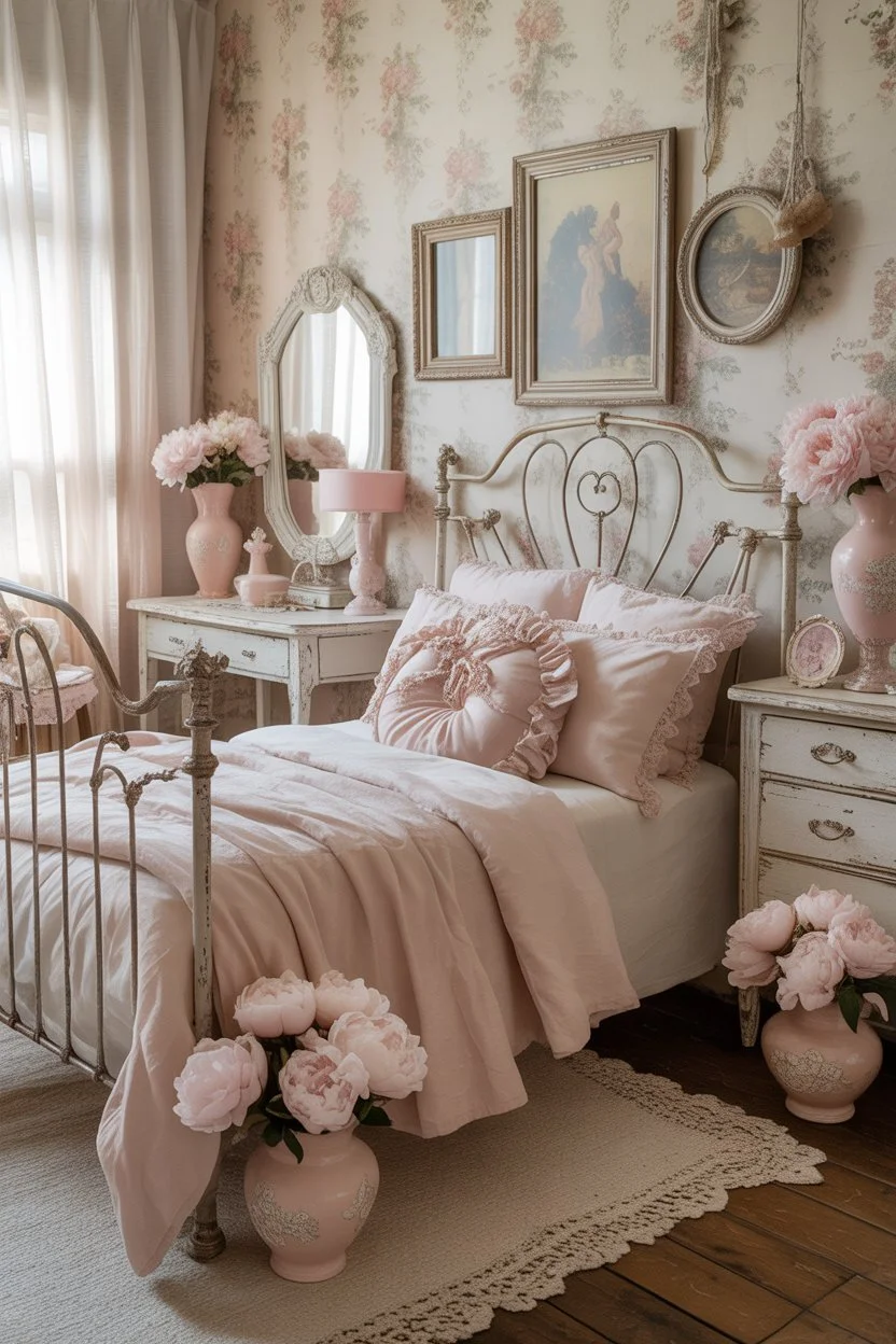 Shabby chic bedroom with pink pastel decor accents