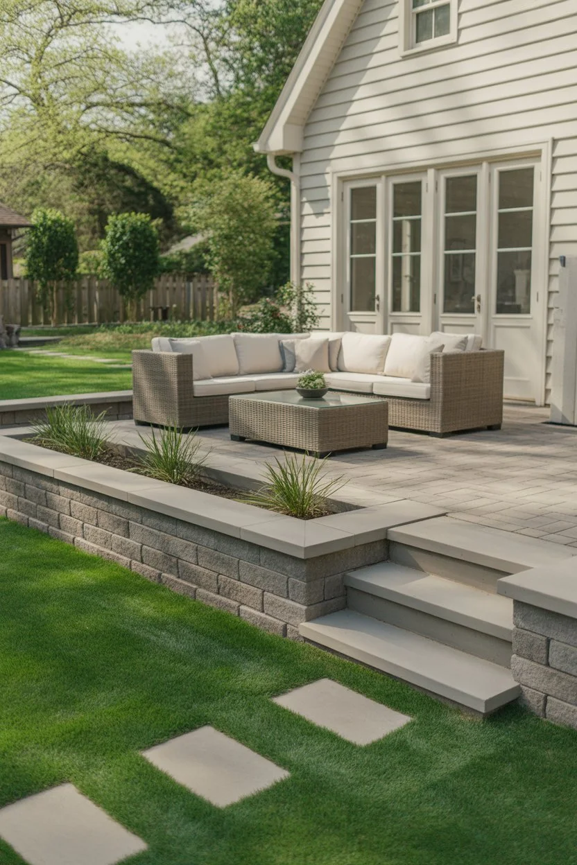 Raised paver patio with stone steps and structured landscaping