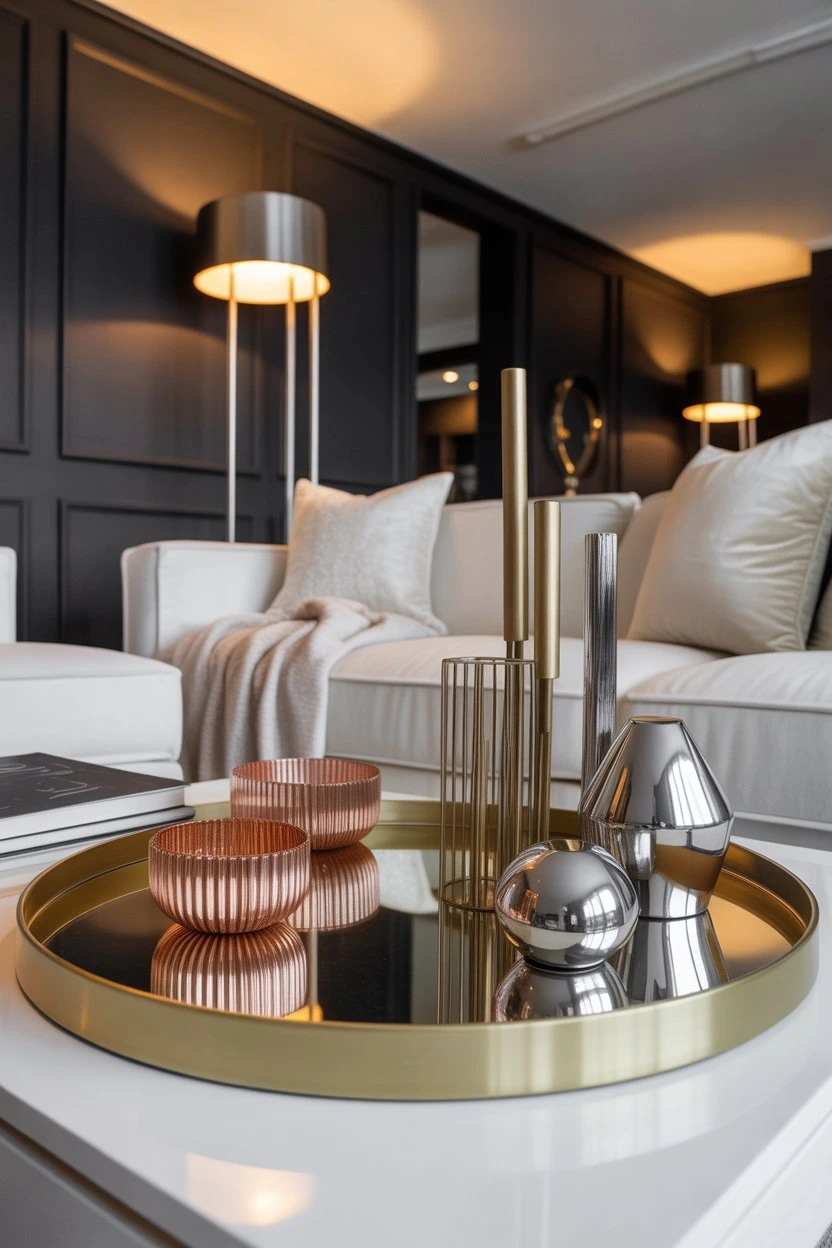 Coffee table with mirrored tray and decorative reflective items