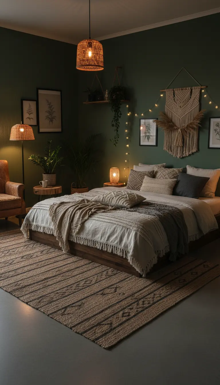 Low wooden platform bed in dark bohemian bedroom
