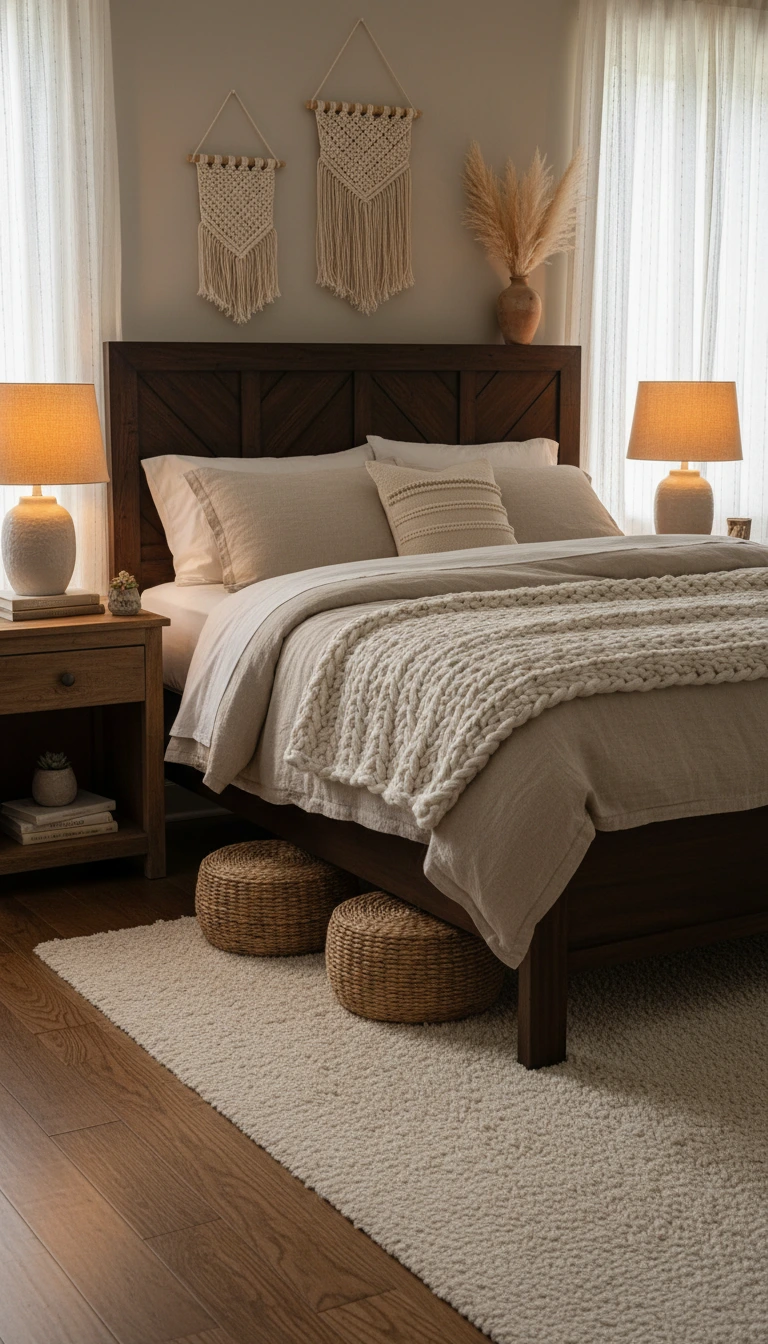 Dark wood bed frame in cozy bohemian bedroom with layered textures