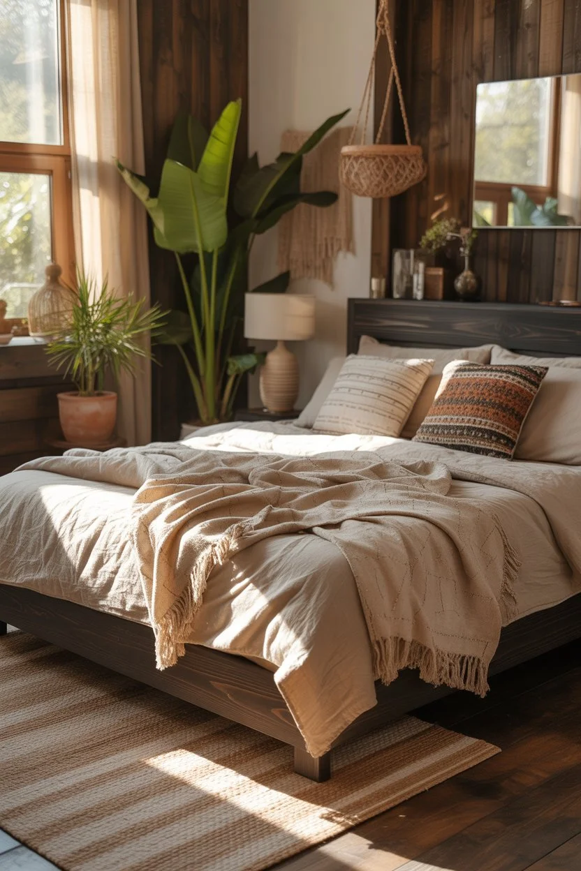 Rustic bohemian bedroom with cozy textures, natural light, and earthy tones