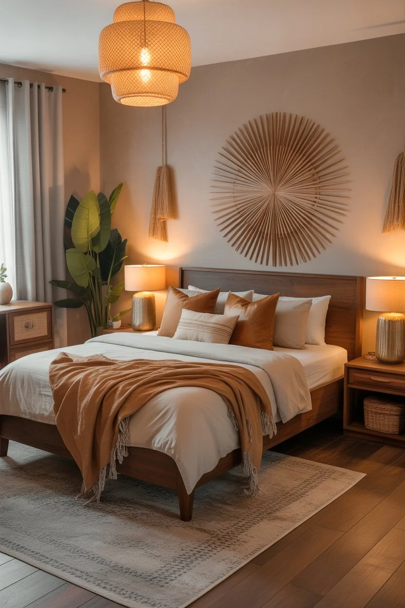 Rustic bohemian bedroom decor with natural textures and neutral tones