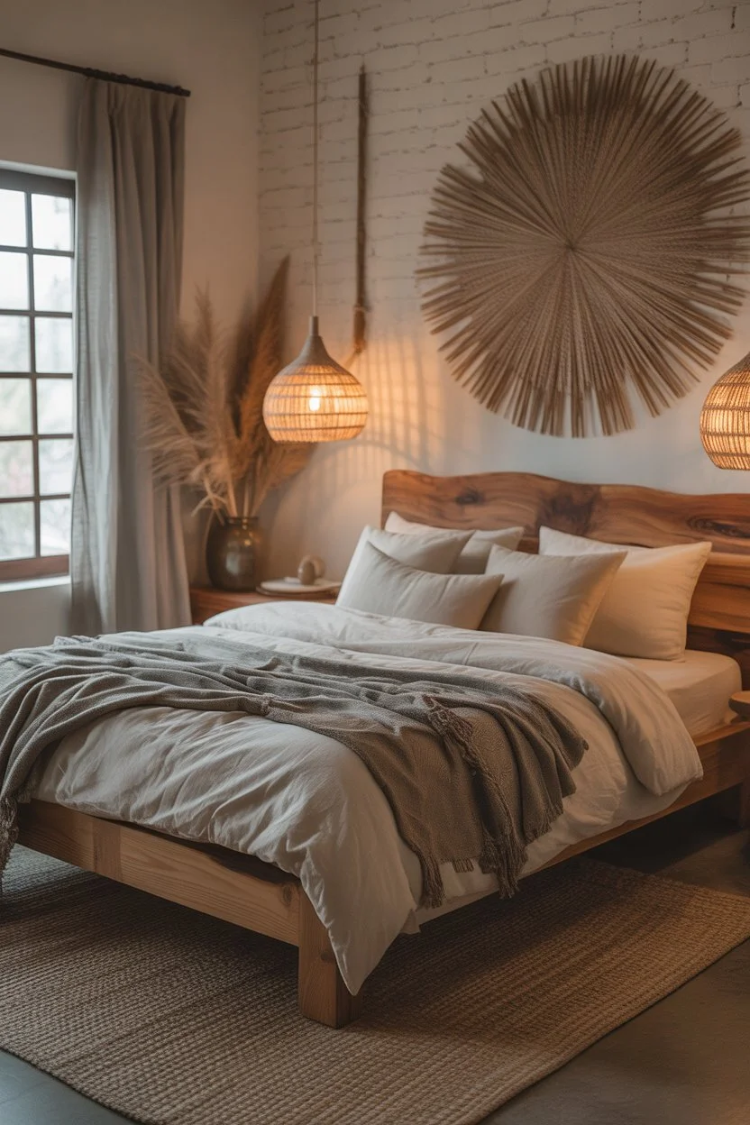 Rustic wooden bed frame in a bohemian bedroom