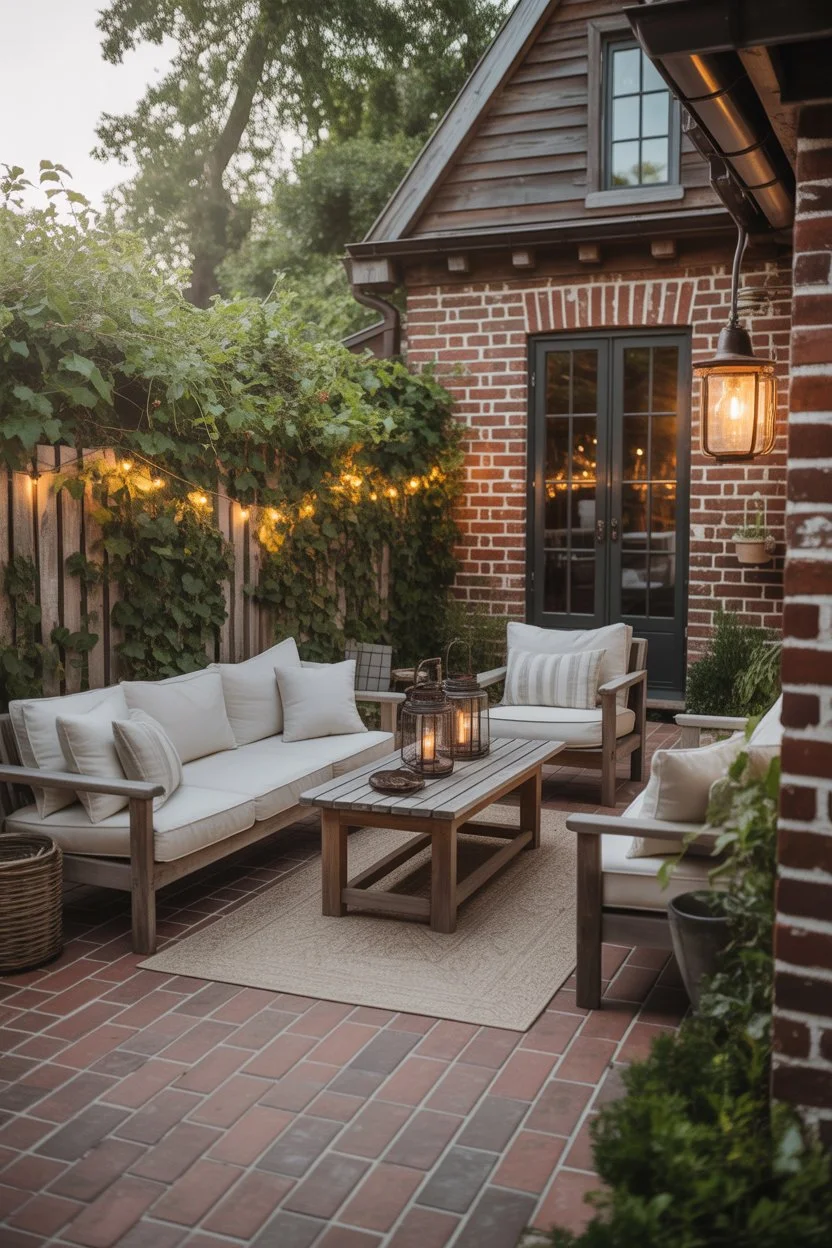 Rustic brick paver patio with wooden furniture and warm lantern lighting.