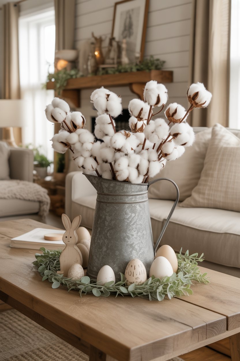 Galvanized pitcher with cotton stems on farmhouse Easter mantel