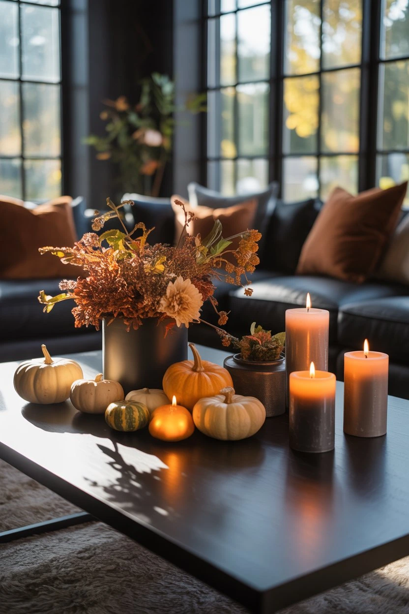 Coffee table decorated with seasonal items like flowers and pumpkins