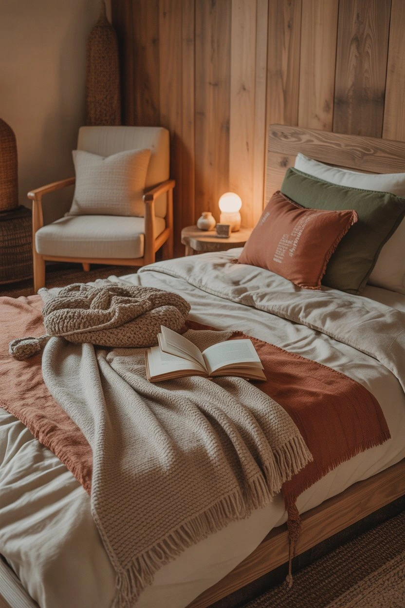 Simple furniture in rustic boho bedroom