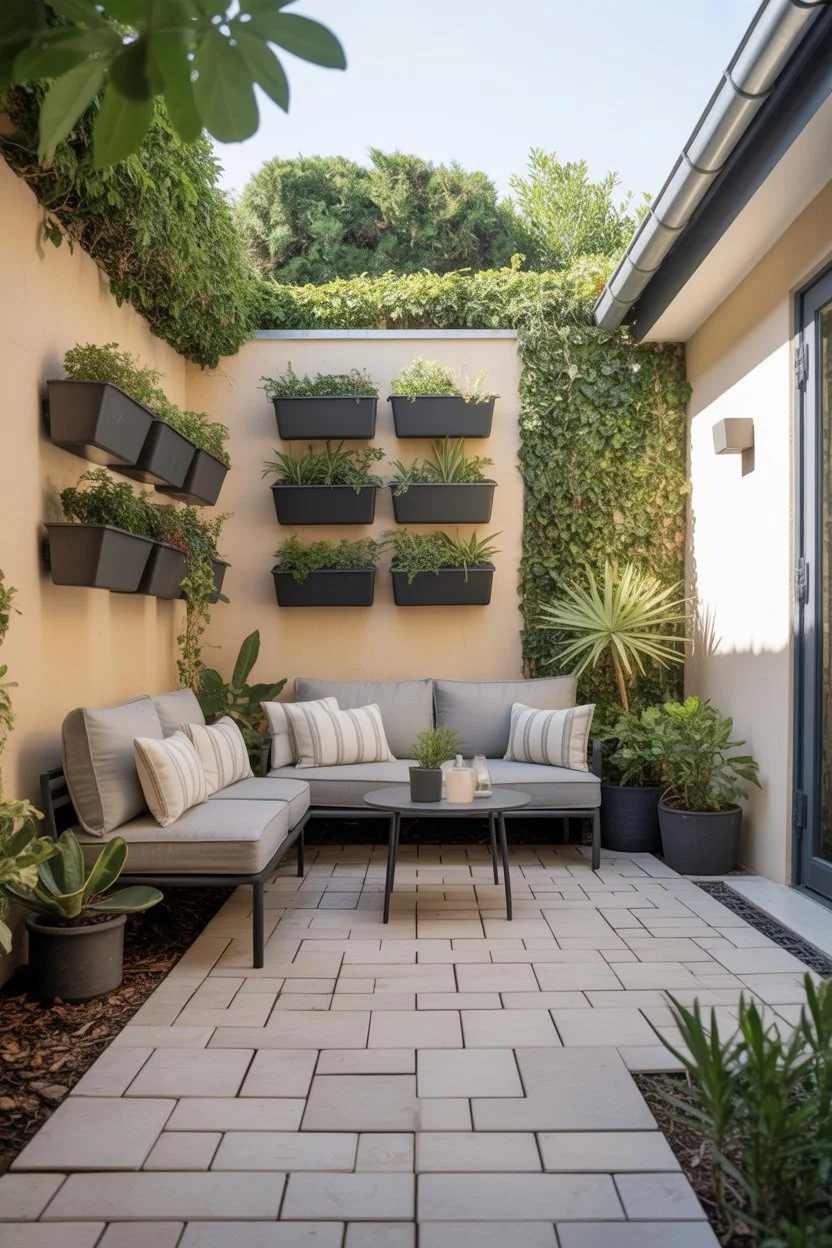 Small backyard patio with light pavers and compact outdoor seating.