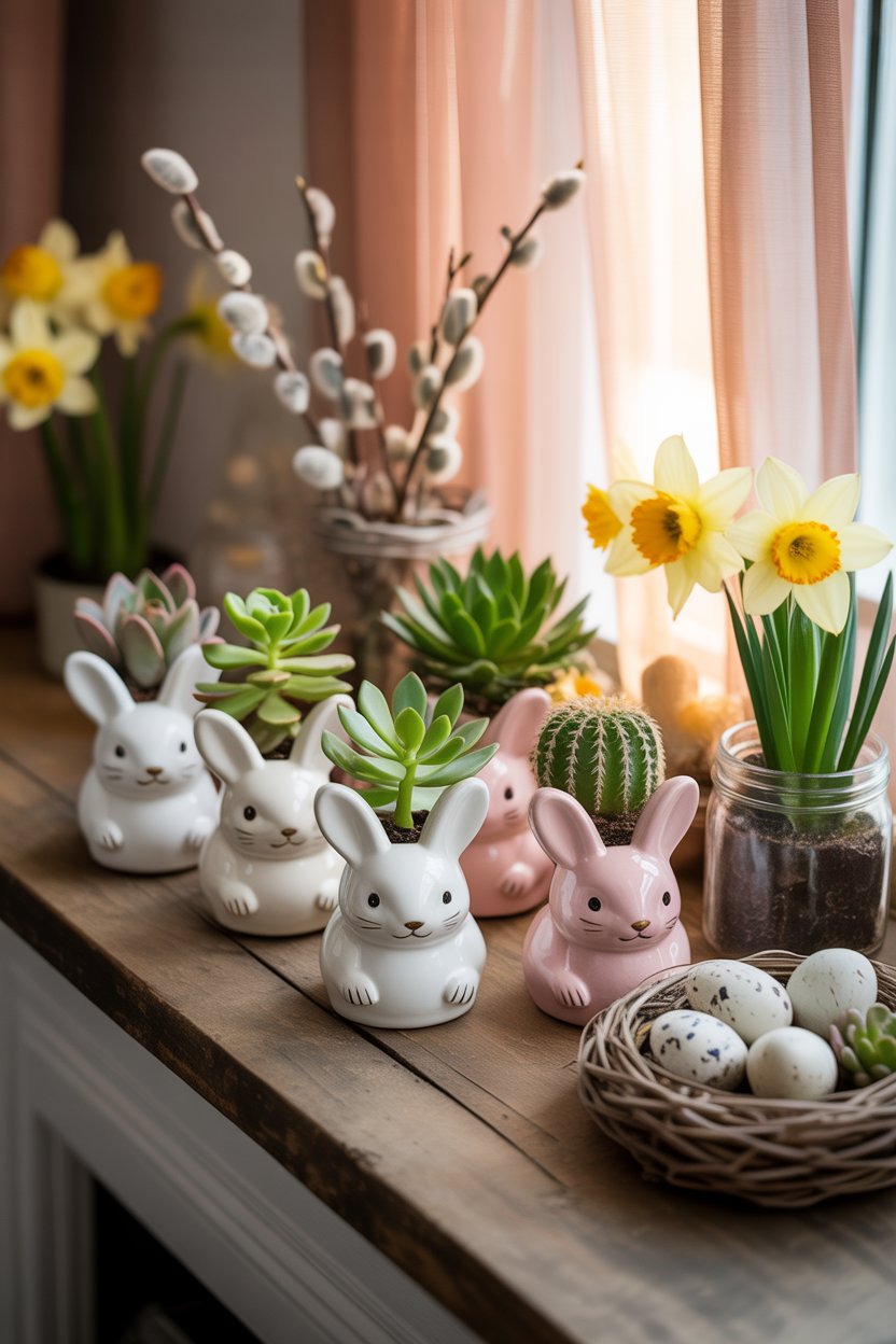 Bunny planter pots decorating a small Easter mantel