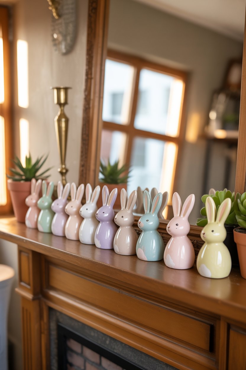 DIY mini bunny figurines on Easter mantel