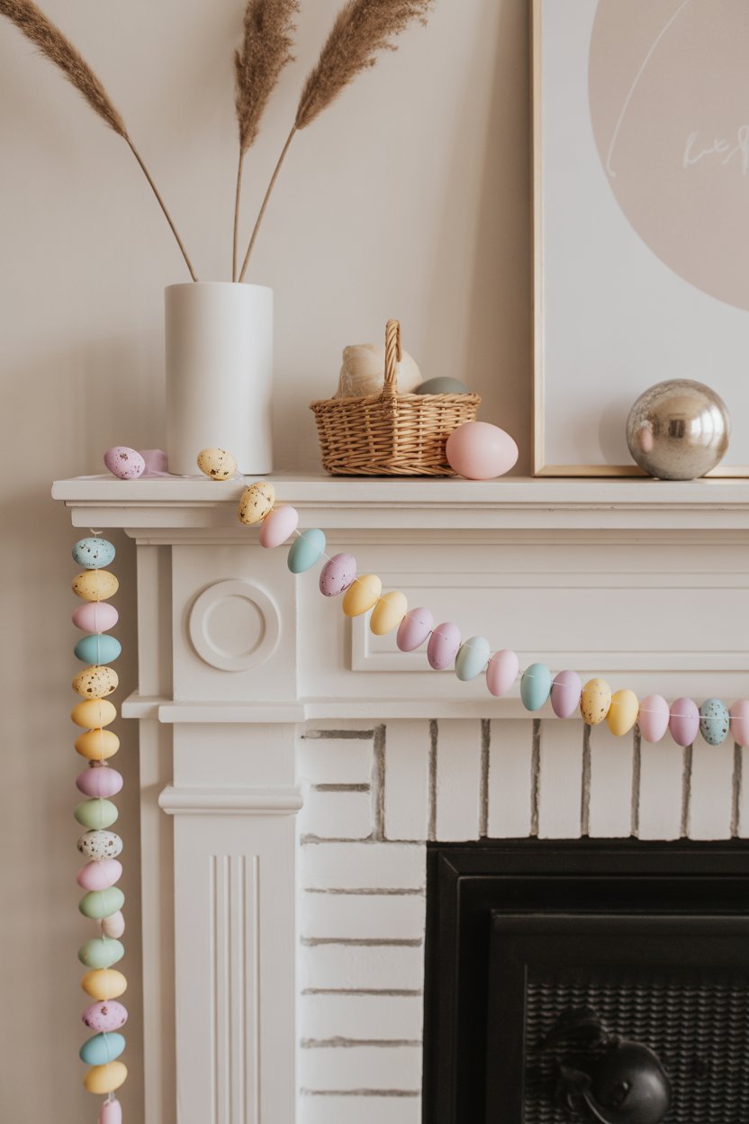 Mini pastel Easter egg garland on small apartment mantel