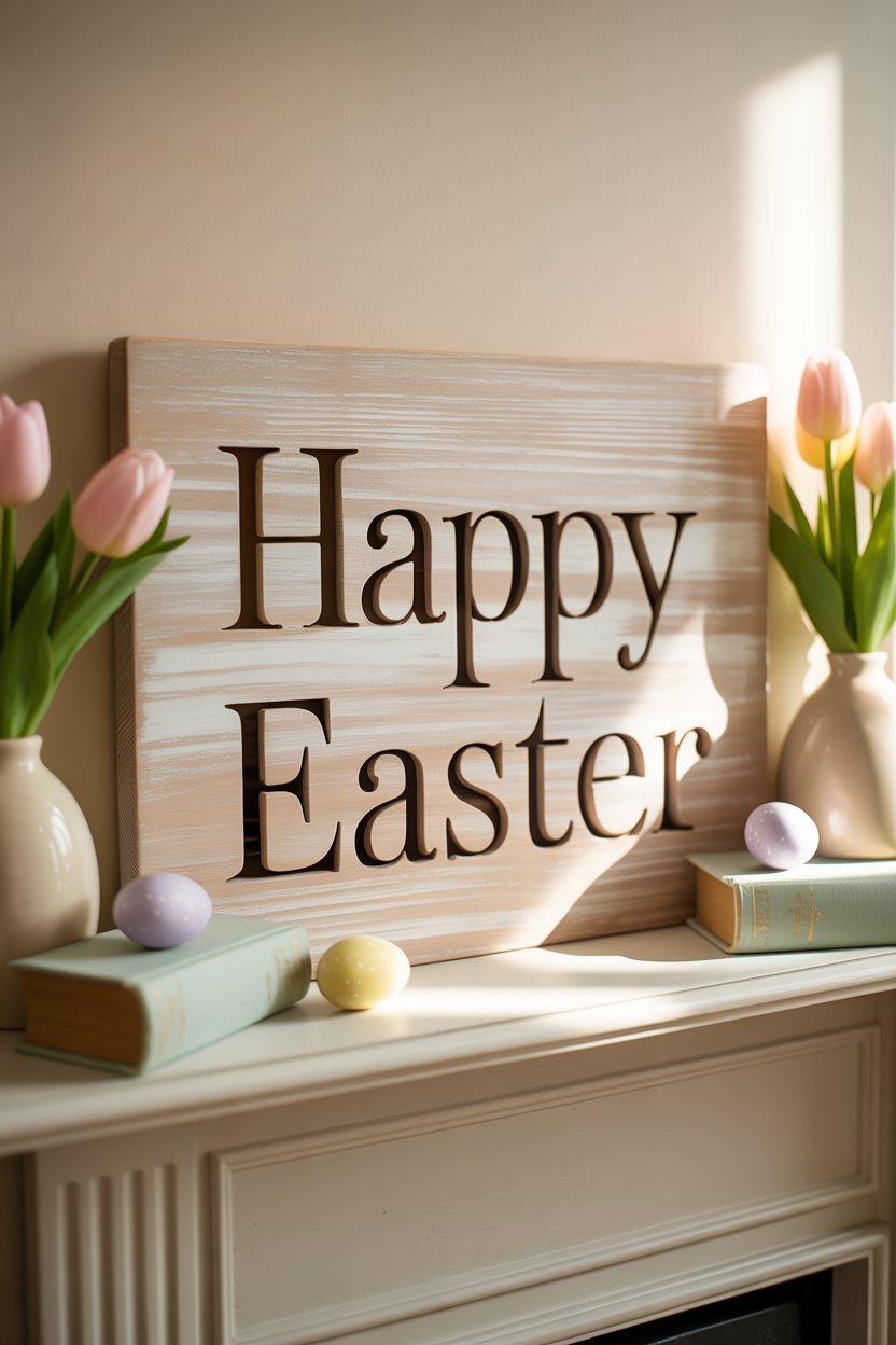 Small wooden Easter sign for apartment mantel decor.