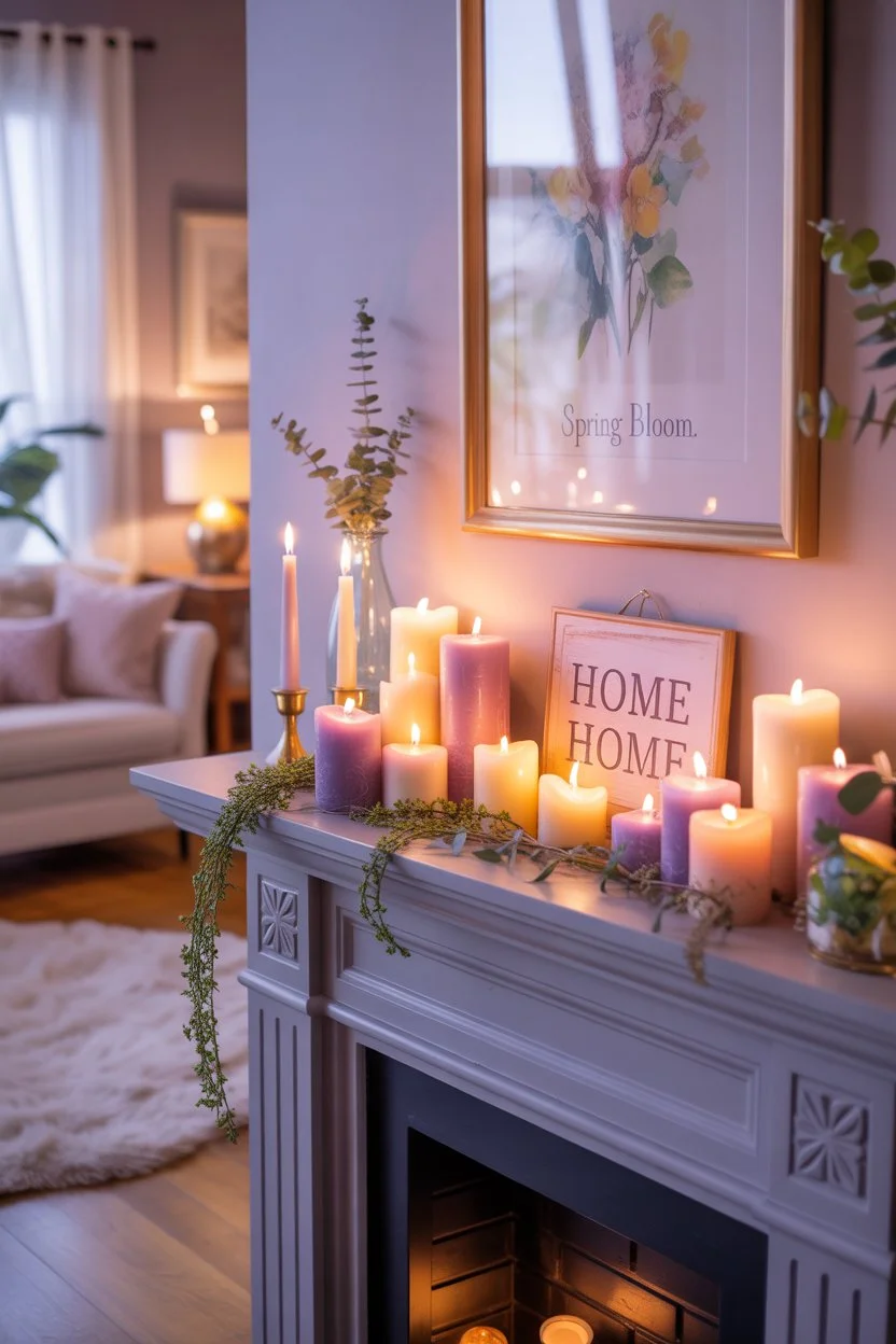 Fireplace mantel with grouped pastel candles