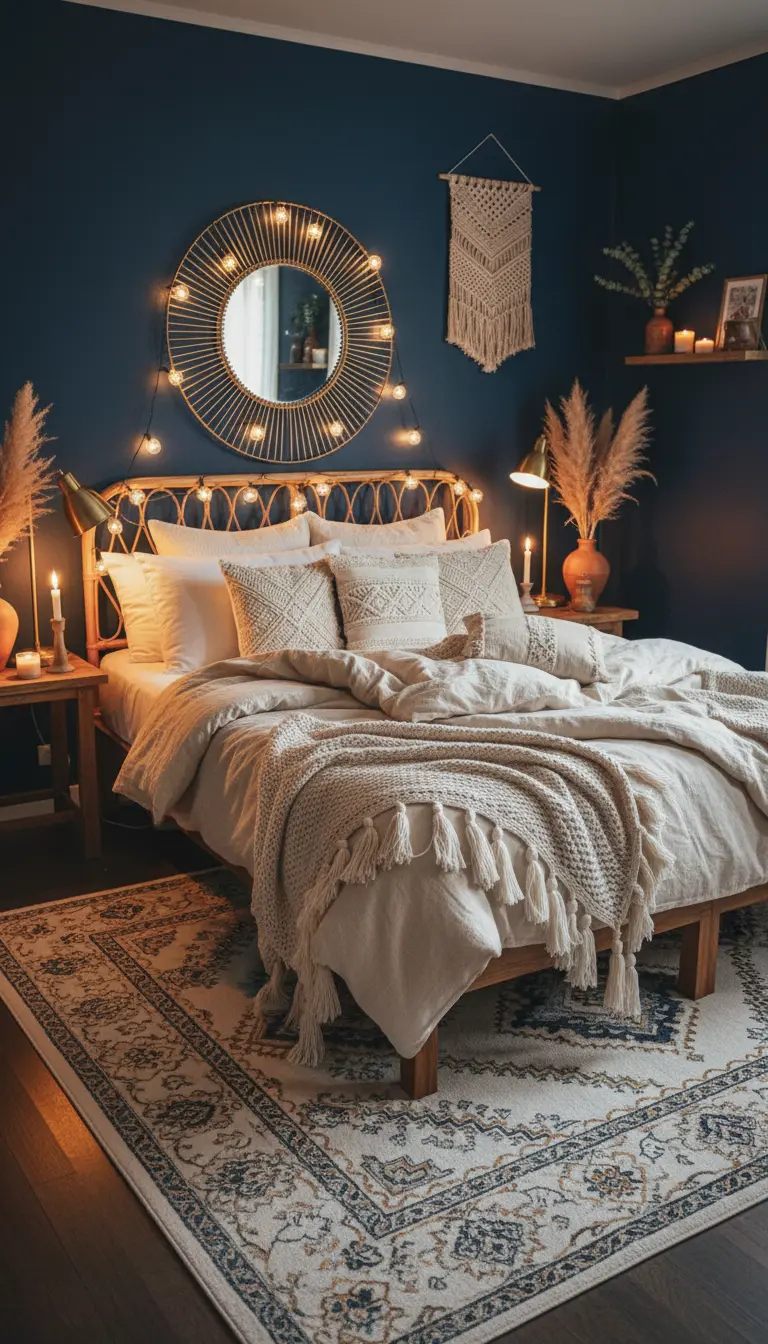 Neutral layered bedding in a dark boho bedroom with navy walls