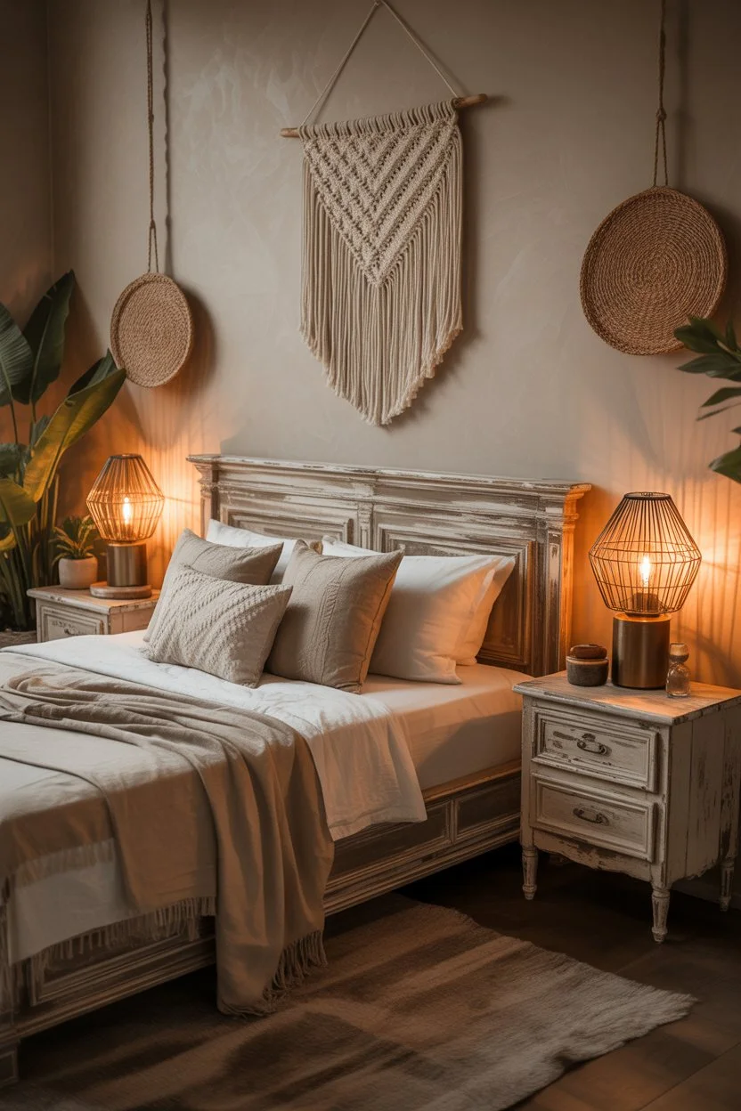Rustic boho bedroom with warm ambient lighting