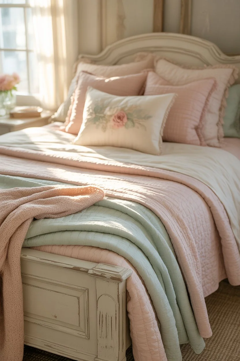 Soft pastel bedding with layered blankets and pillows in a shabby chic bedroom